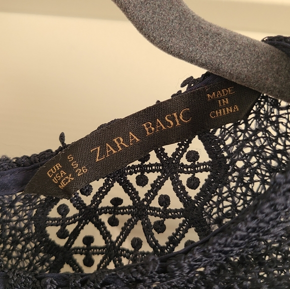 Zara Crochet Lace Overlay Maxi Dress Navy Blue Black Gown Small - Picture 6 of 8